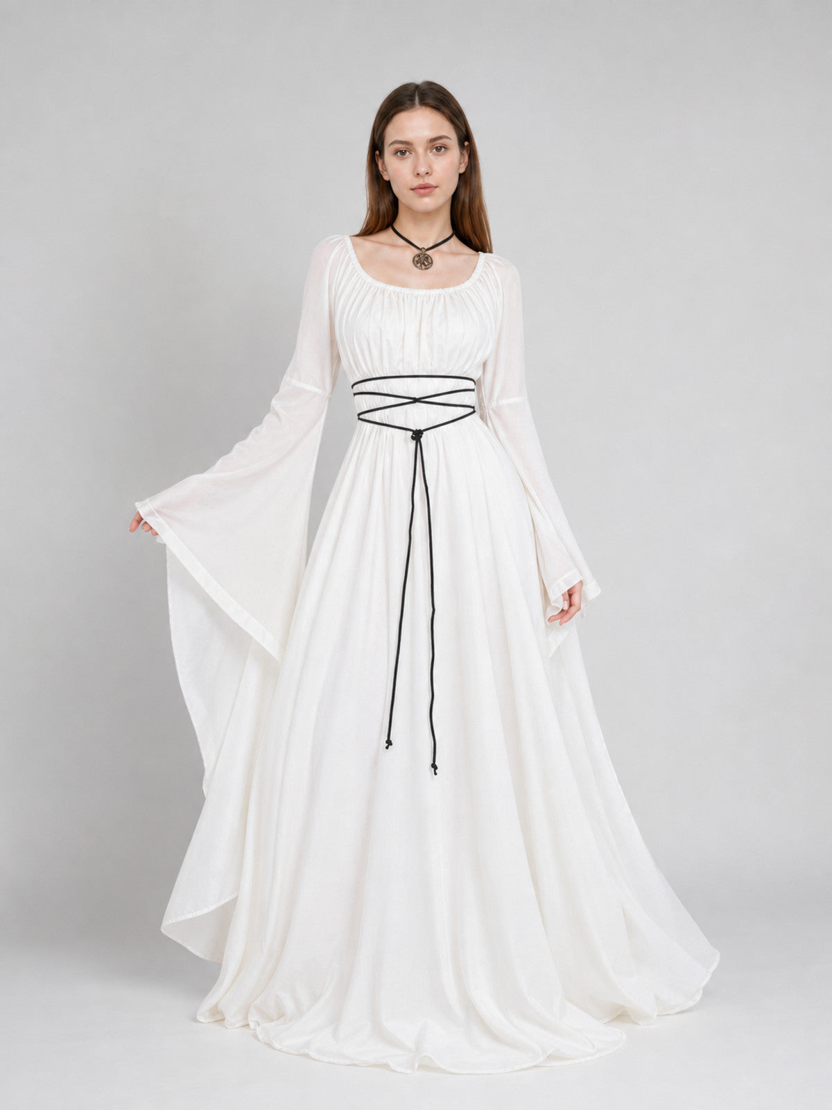 White Long Dress with Black Lacing