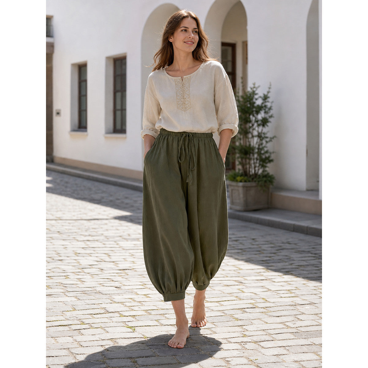 Olive 7/8 Harem Pants with Pockets and Drawstring lifestyle