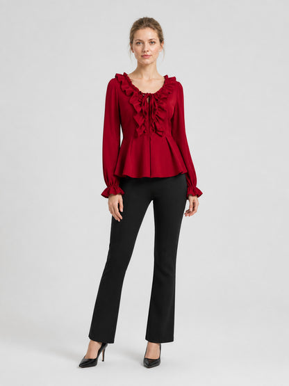Red Renaissance-Style Ruffled Blouse for Halloween Costumes detail