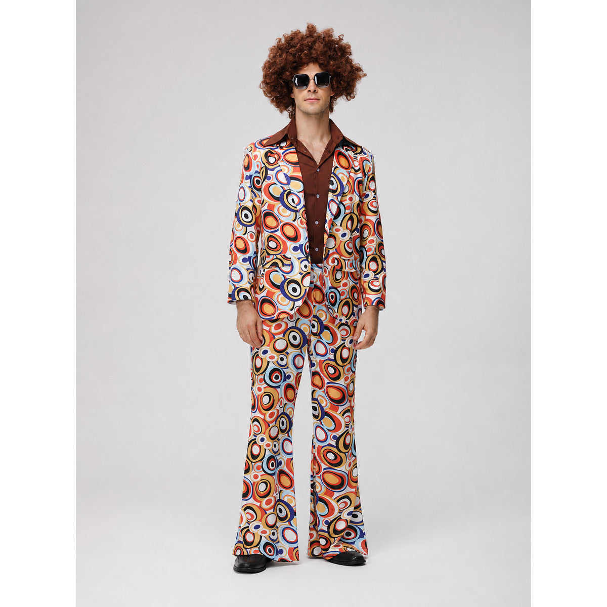 Retro Two-Piece Suit with Colorful Circles and Flared Pants