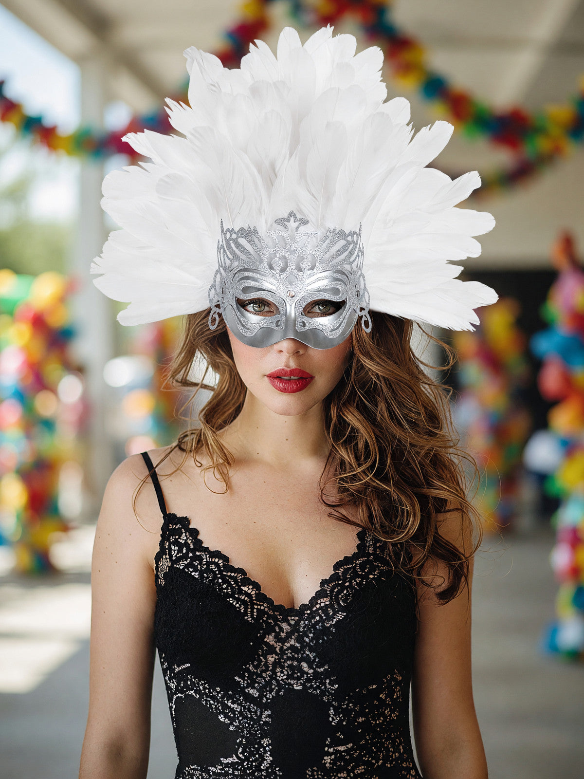 1pc White Feather Mask with Silver Lace Hollow Out, Crown Headdress for Vintage