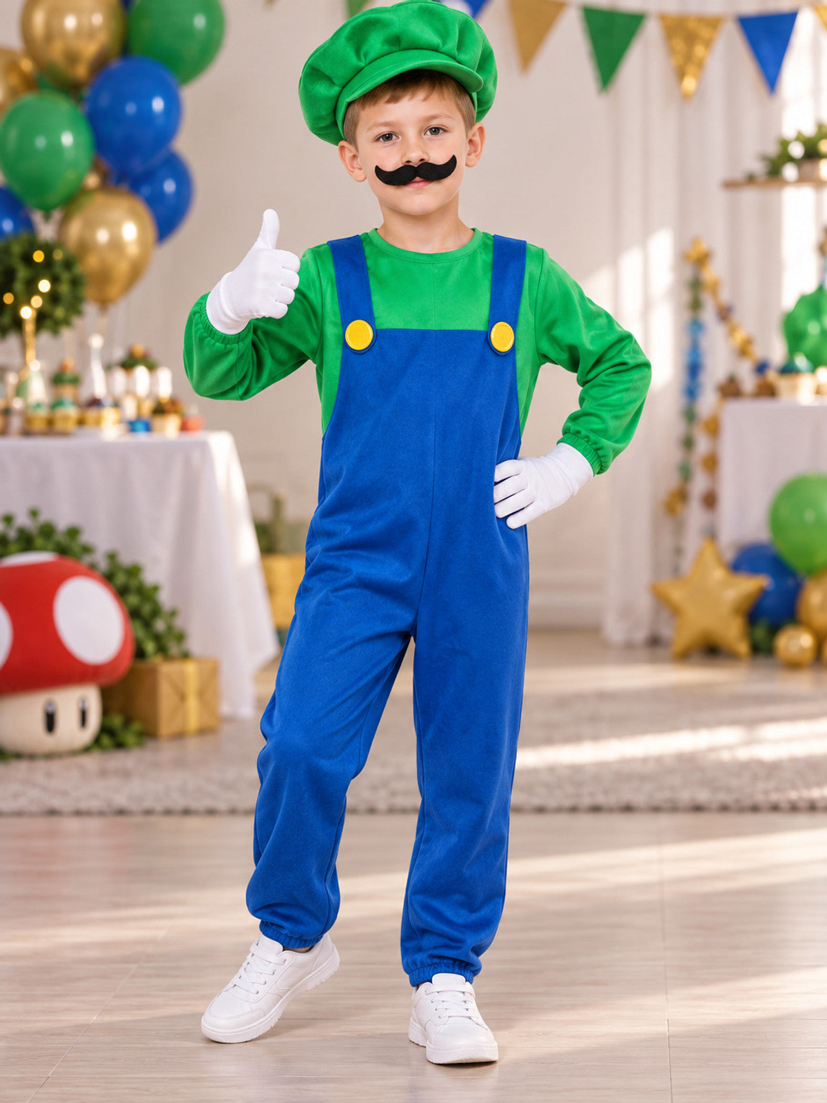 Kids' Carnival Costume Green Jumpsuit with Mustache