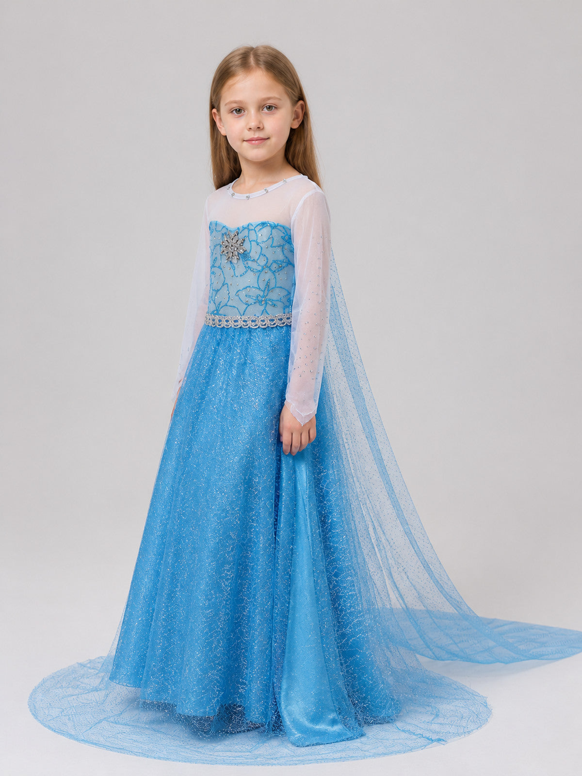White and Blue Princess Dress with Lace Train Costume Dresses detail