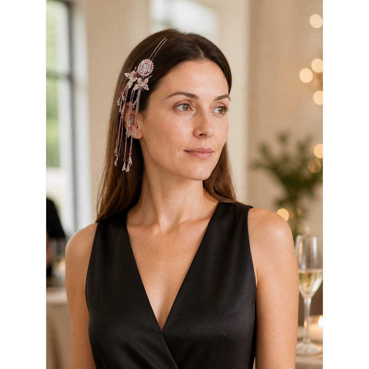 Carnival headpiece with red and silver pendants lifestyle view