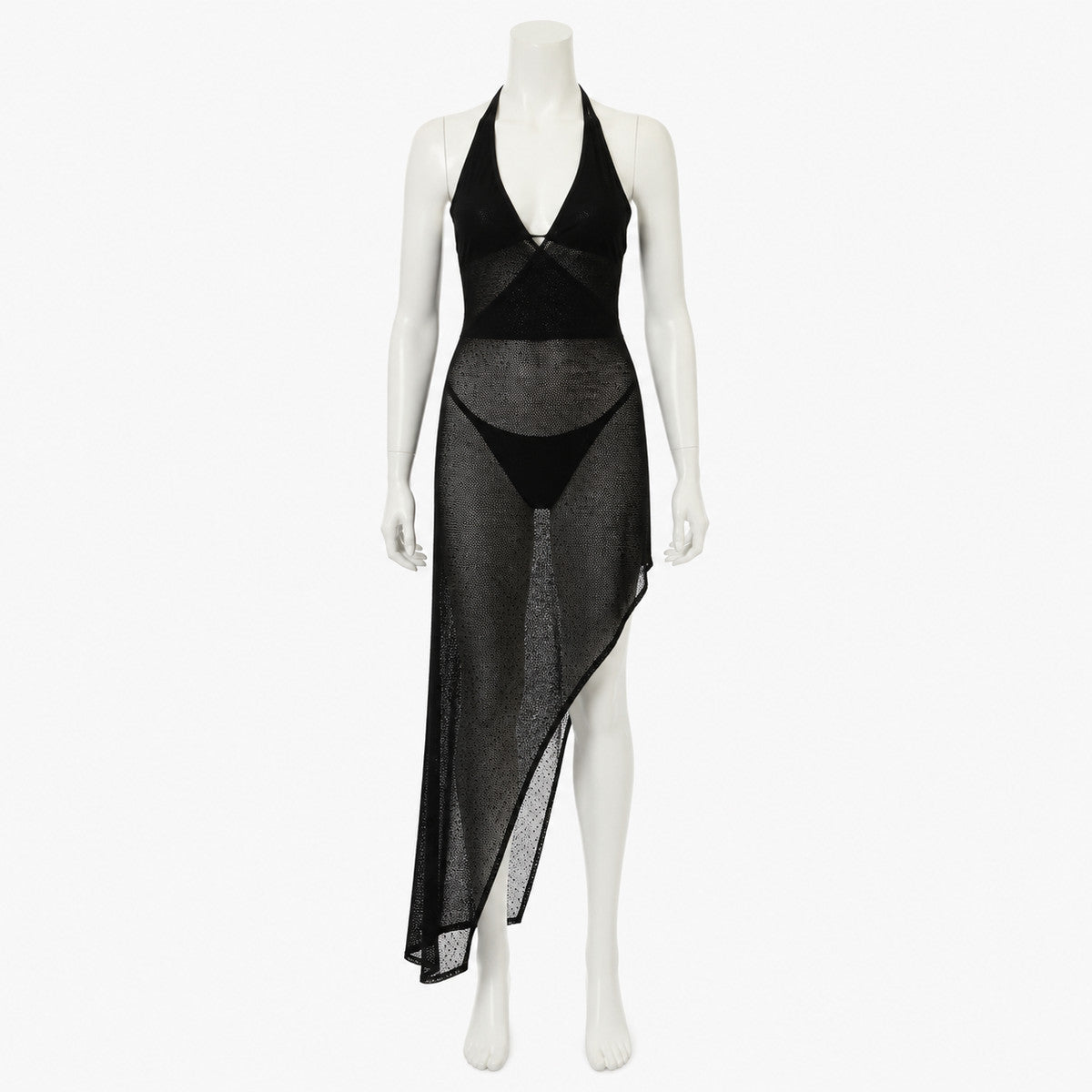 Stylish Black V-Neck Slip Dress with Asymmetric Hem, Sheer Overlay, High Slit lifestyle view