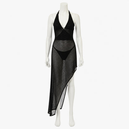Stylish Black V-Neck Slip Dress with Asymmetric Hem, Sheer Overlay, High Slit lifestyle view