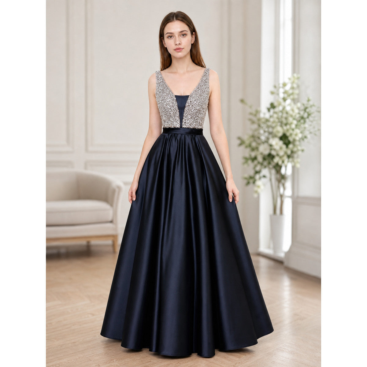 Elegant floor-length dress with a V-neckline