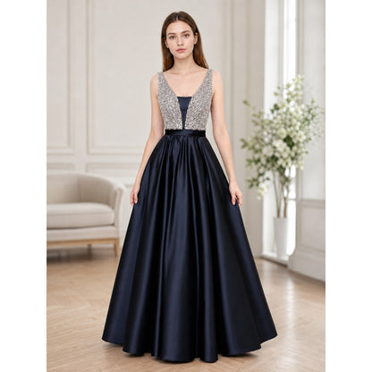 Elegant floor-length dress with a V-neckline