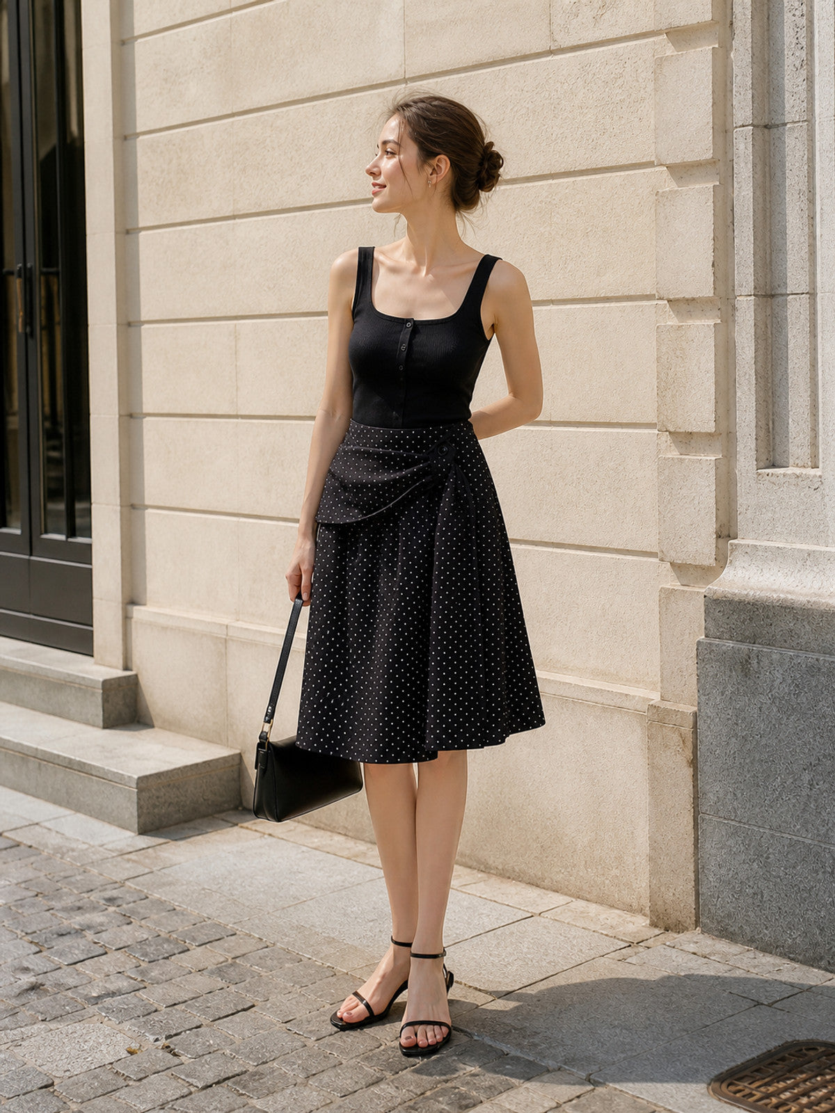 Women's Polka-Dot Wrap Midi Skirt with an A-Line Silhouette product detail