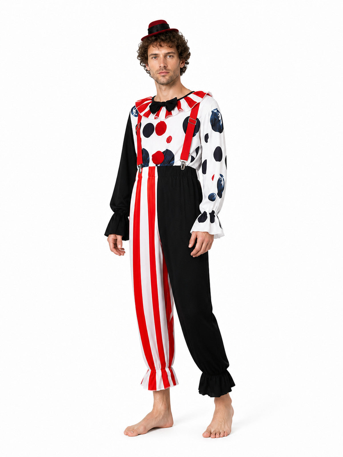 Clown Costume with Pants and Hat, Red, White, and Black Costume Headwear detail