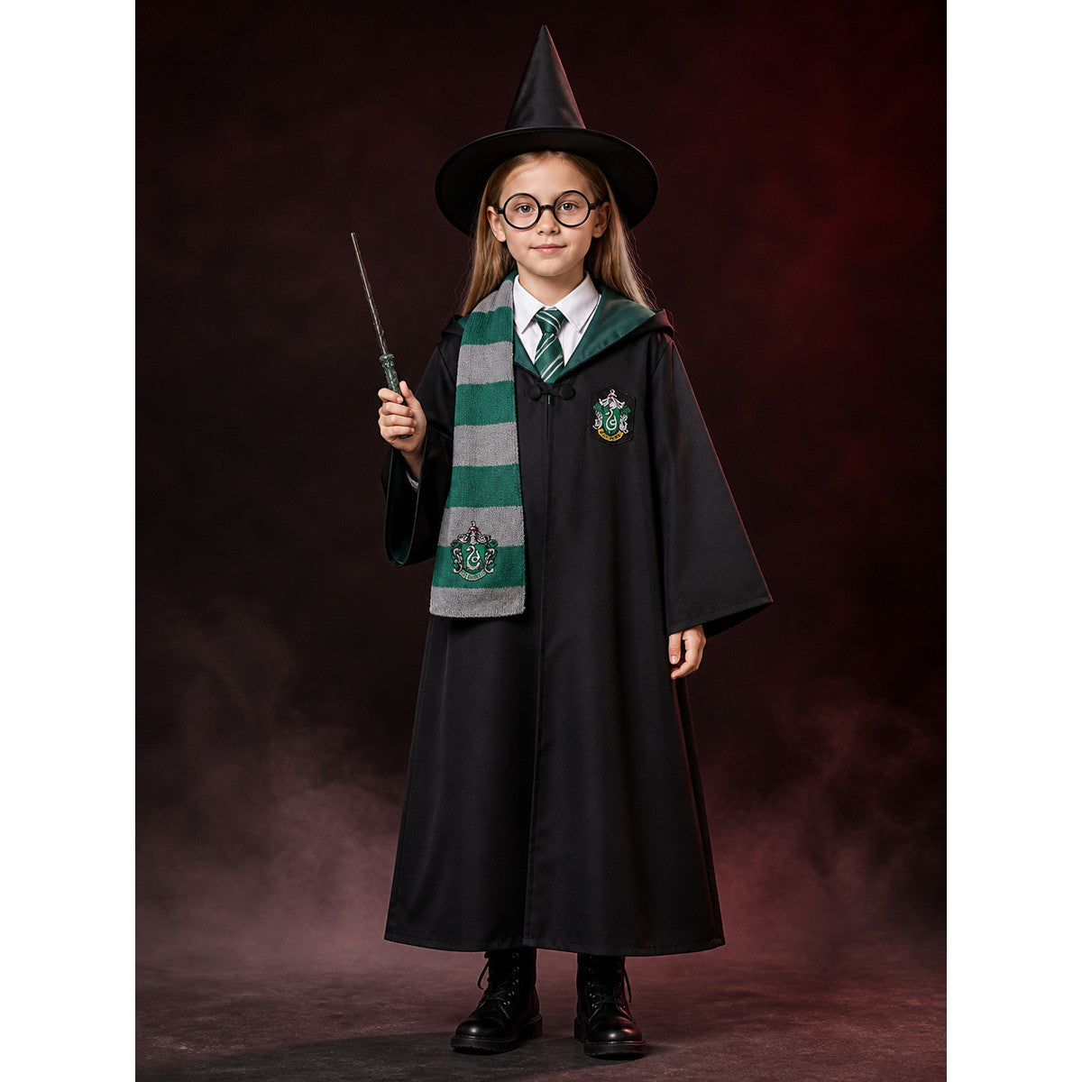 Kids Wizard School Costume Set With Green & Black Robe, Scarf, Tie, Glasses main product view