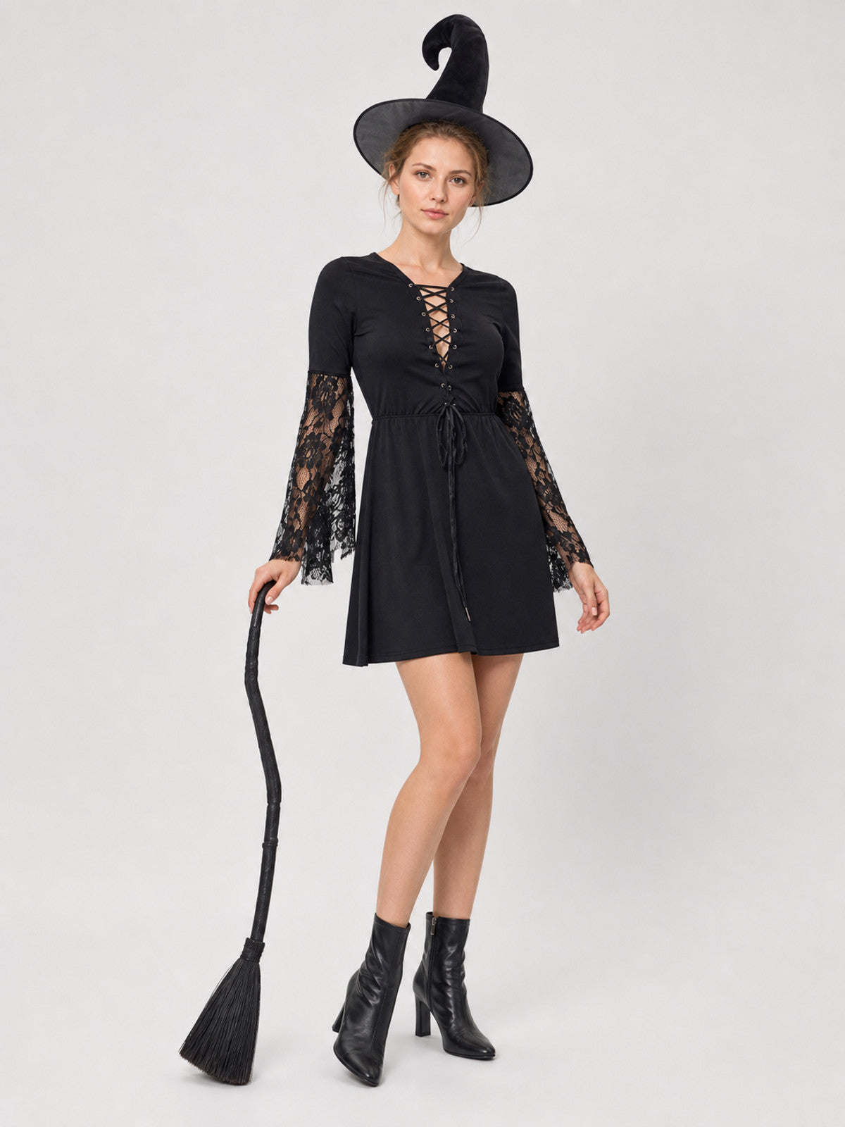 Black Witch Dress with Lace Sleeves, Necklace, and Hat Costume Dresses detail