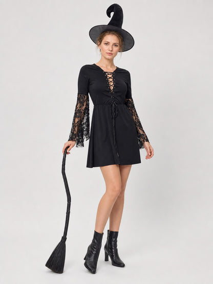 Black Witch Dress with Lace Sleeves, Necklace, and Hat Costume Dresses detail