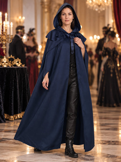 Blue Long Hooded Cloak with Tie Straps