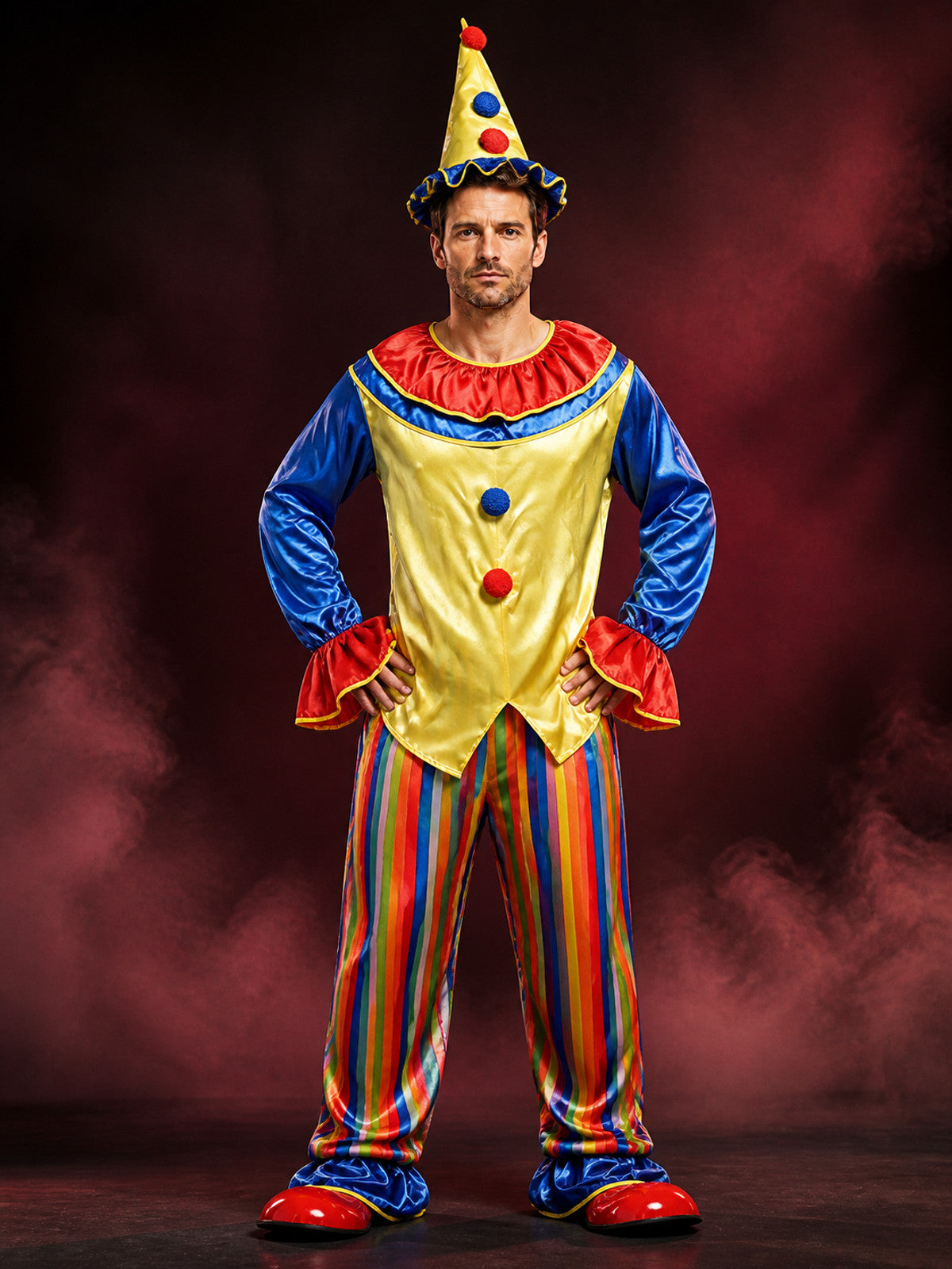 Unisex Adult Clown Costume Set, Striped Jumpsuit with Polka Dot Top and Jester