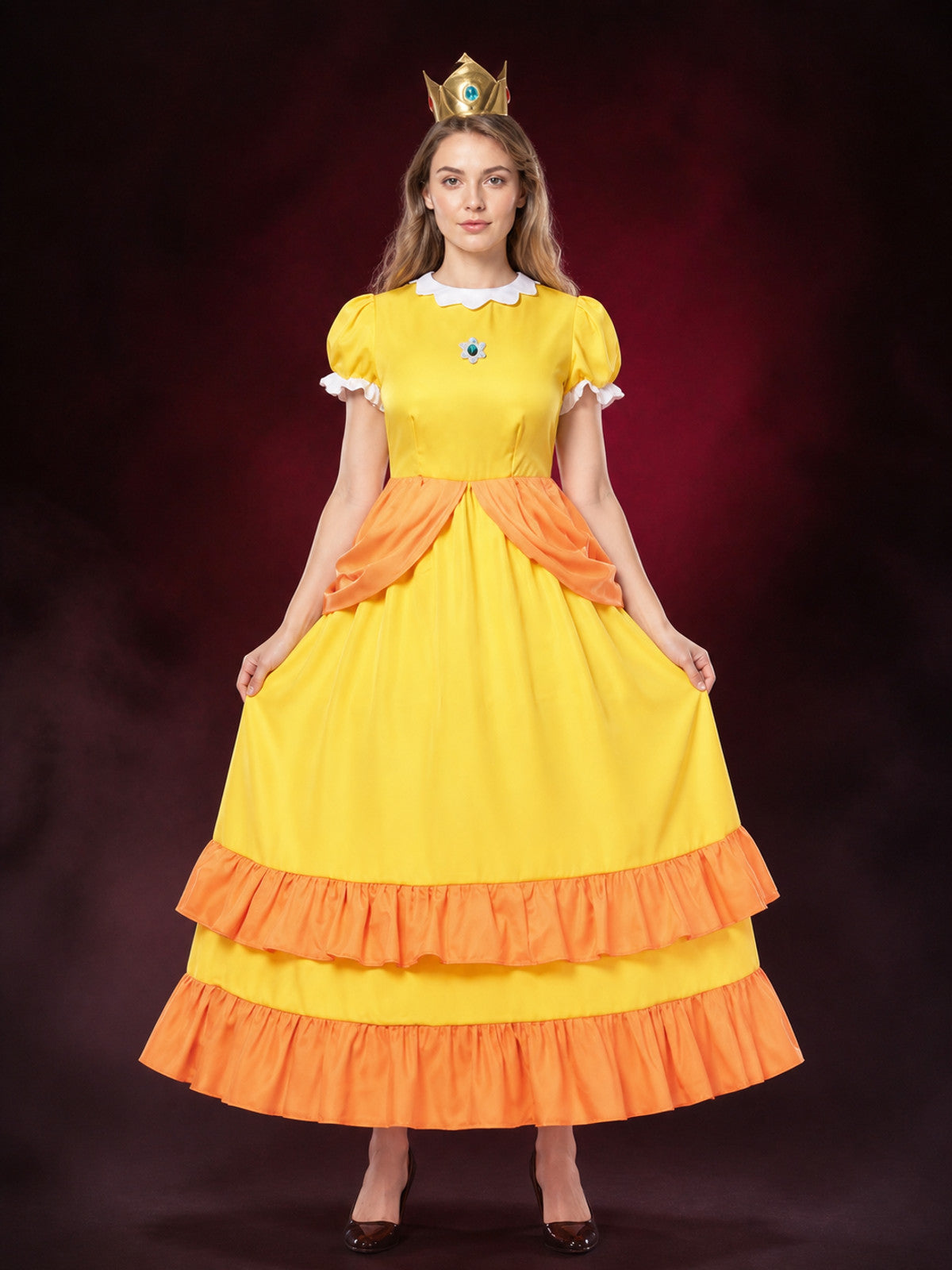 Yellow Princess A-Line Cosplay Costume Dress, Puff Sleeves, Orange Ruffles