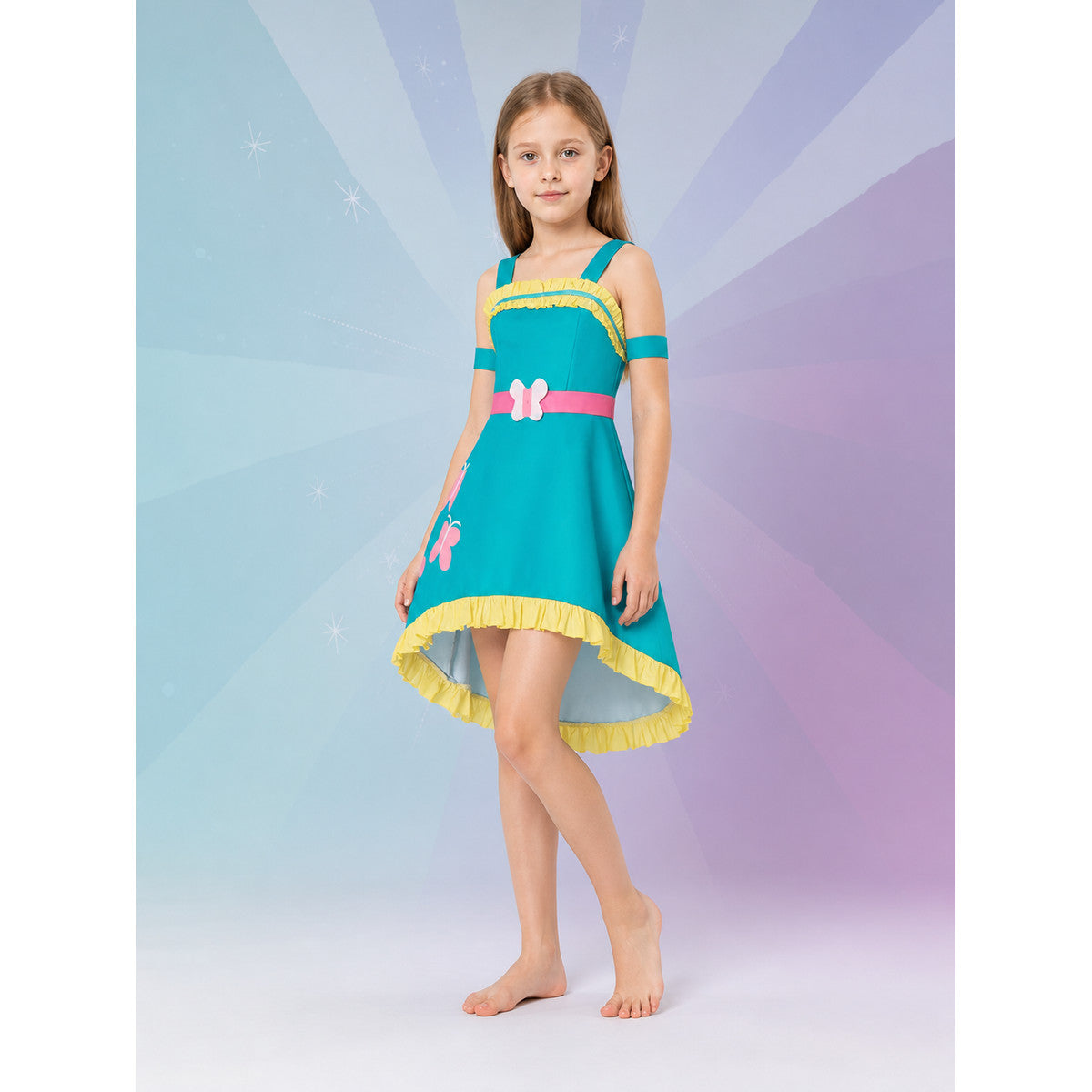 Turquoise cosplay dress with butterflies and ruffles