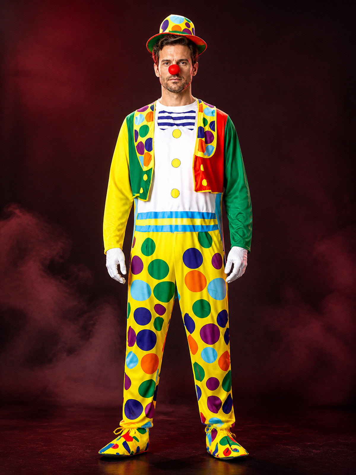 Unisex Adult Clown Jumpsuit Costume Set with Polka Dot Hat and Robe for