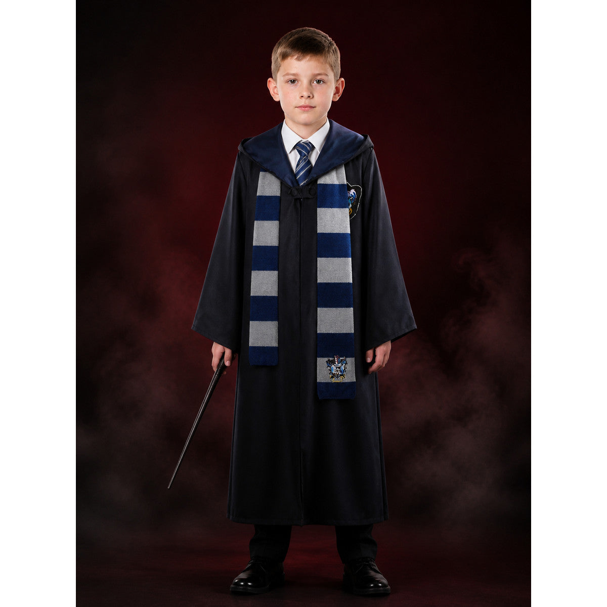 Ravenclaw Wizard Costume Set, Long Navy Blue Robe with Striped Tie and Scarf main product view