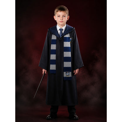Ravenclaw Wizard Costume Set, Long Navy Blue Robe with Striped Tie and Scarf main product view