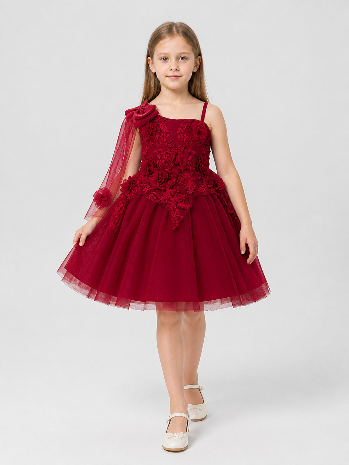 Burgundy Full Tutu Dress with Roses and Mesh Skirt Costume Dresses detail
