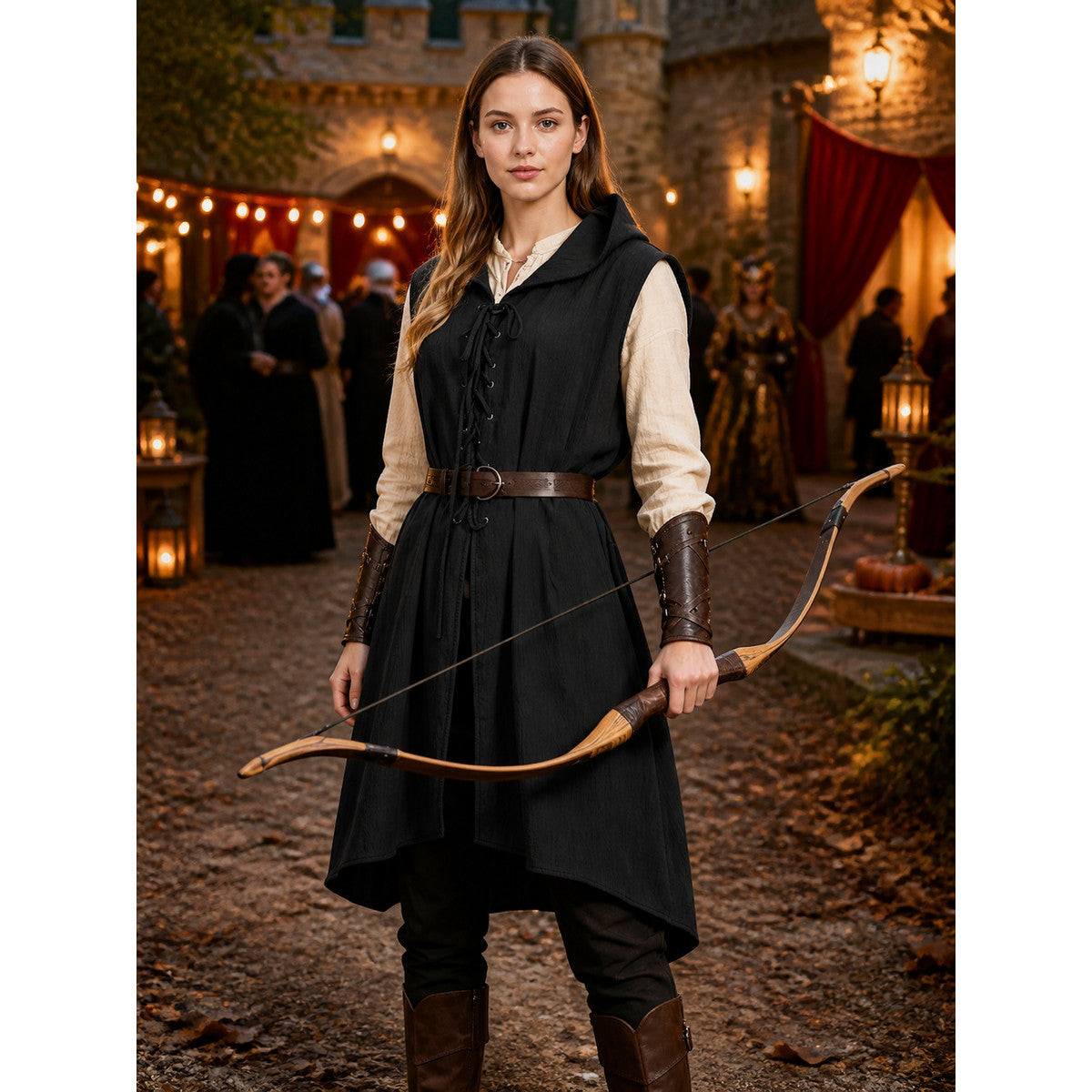 Black hooded dress with brown belt shown full-body on a model holding a wooden bow in a medieval-style outdoor setting