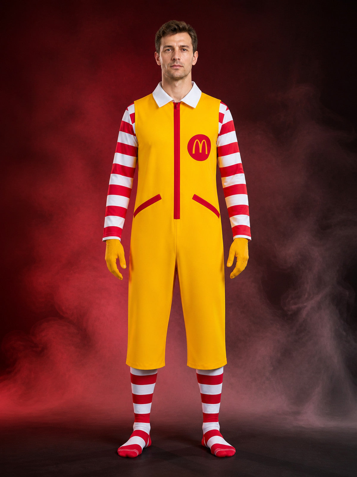 Clown Circus Costume Set, Red White Striped Top, Yellow Jumpsuit and Gloves