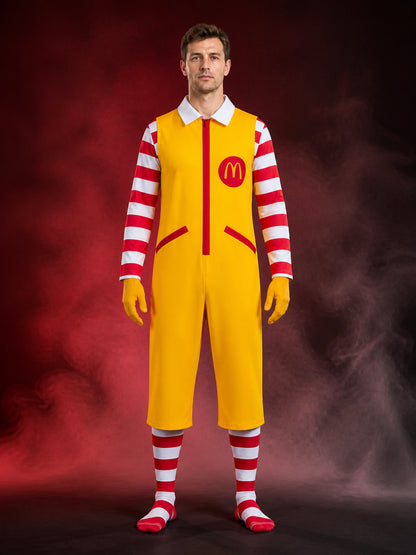Clown Circus Costume Set, Red White Striped Top, Yellow Jumpsuit and Gloves
