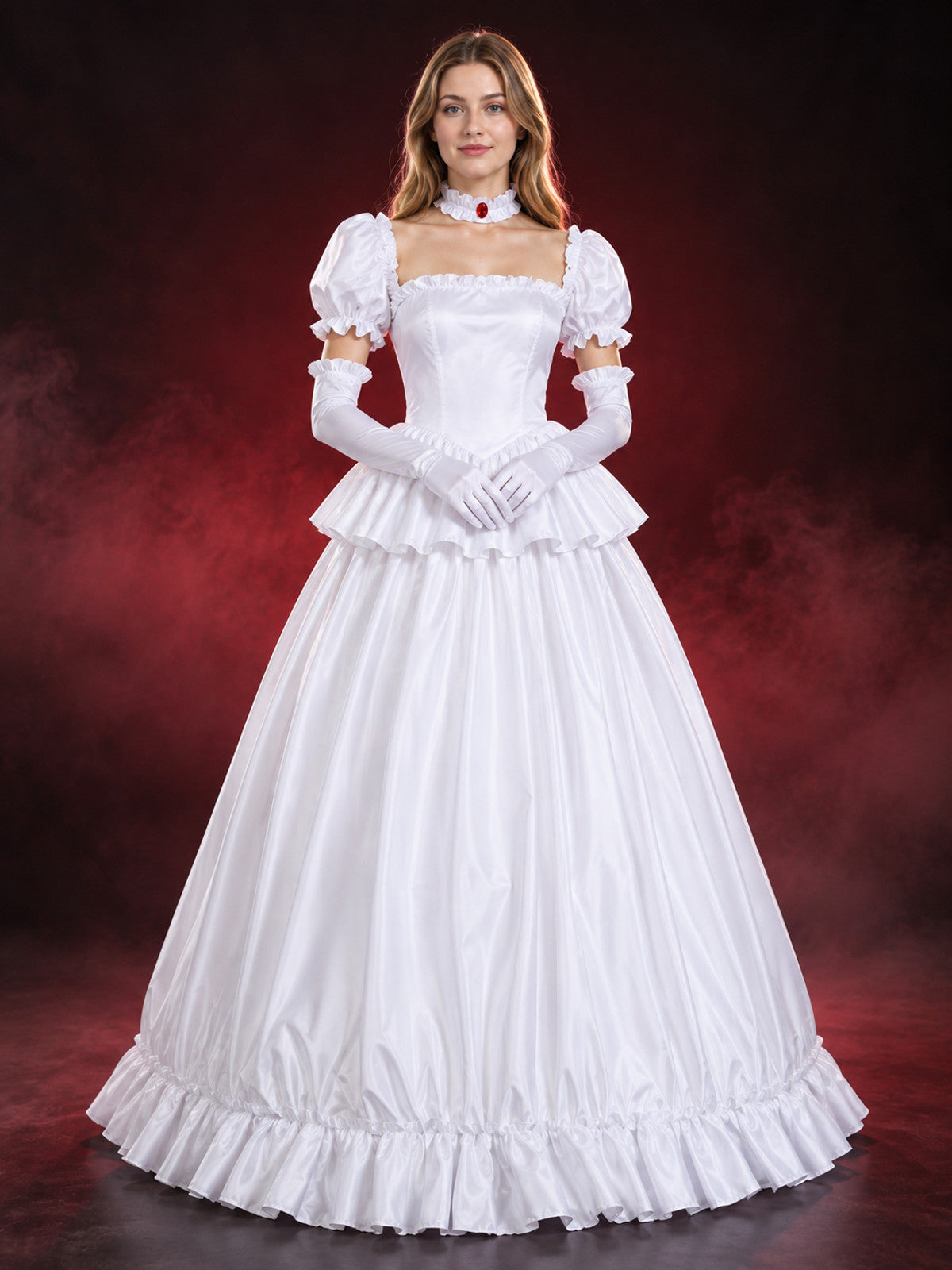 White Satin Cosplay Costume with Gloves and Choker