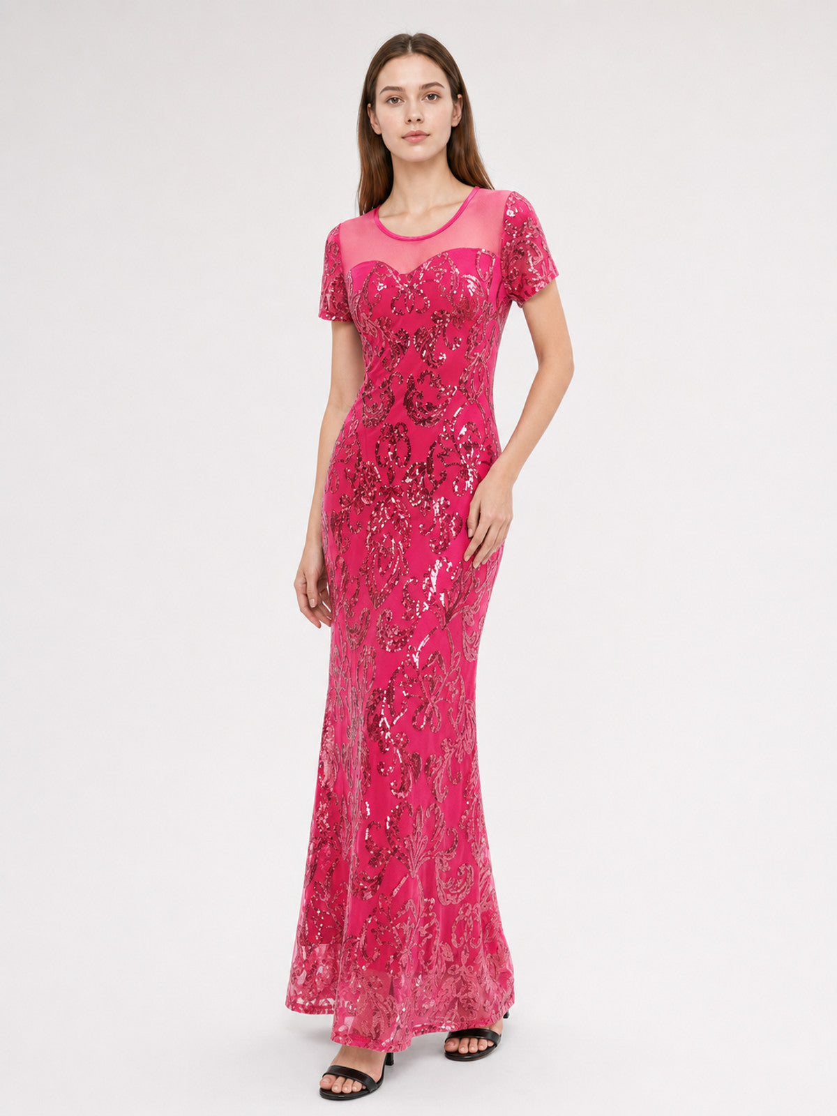 Long Sequin Evening Dress with Paisley Pattern