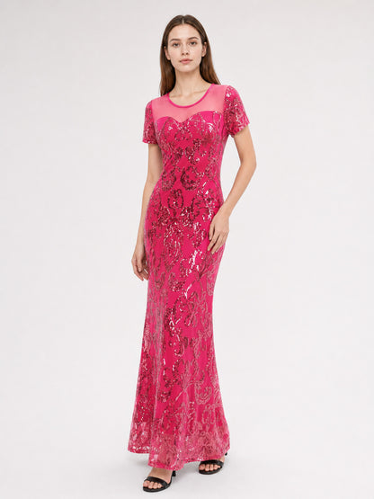Long Sequin Evening Dress with Paisley Pattern
