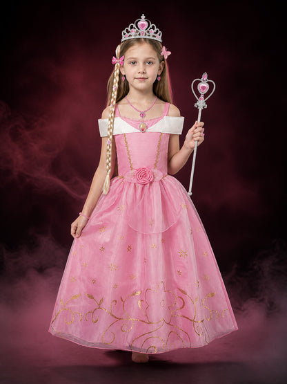 Girls Princess Costume Set with Sequined Tulle Dress, Crown, and Magic Wand for main product view