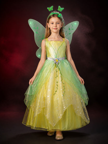 Girls Fairy Princess Costume Dress, Green Layered Tutu with Wings and Flower