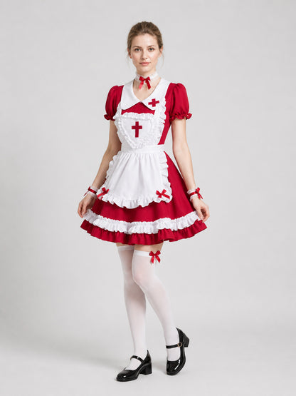 Lolita-Style Red and White Dress with Ruffles and Bows Costume Dresses detail