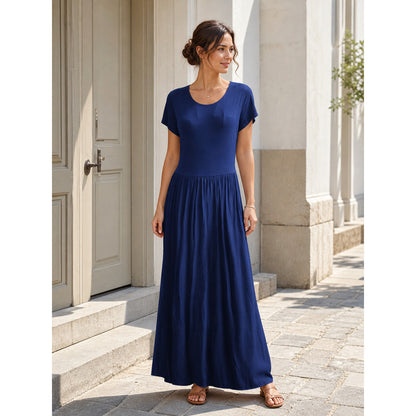 Long Women's Dress with Short Sleeves and Pleats