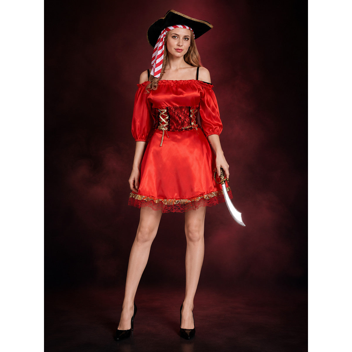 Women's Pirate Captain Halloween Costume Set, Red Off-Shoulder Dress With Hat lifestyle