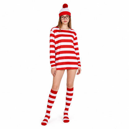 Wally Striped Costume with Hat and Glasses Costume Headwear detail