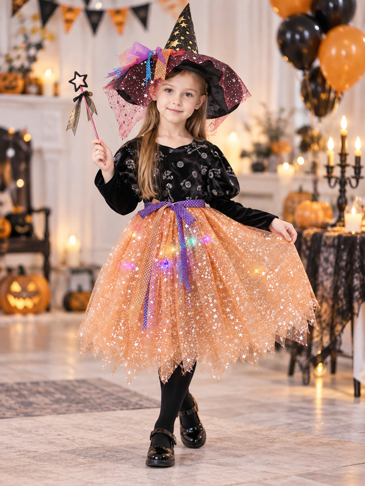 Kids' Witch Halloween Costume with Hat and Wand
