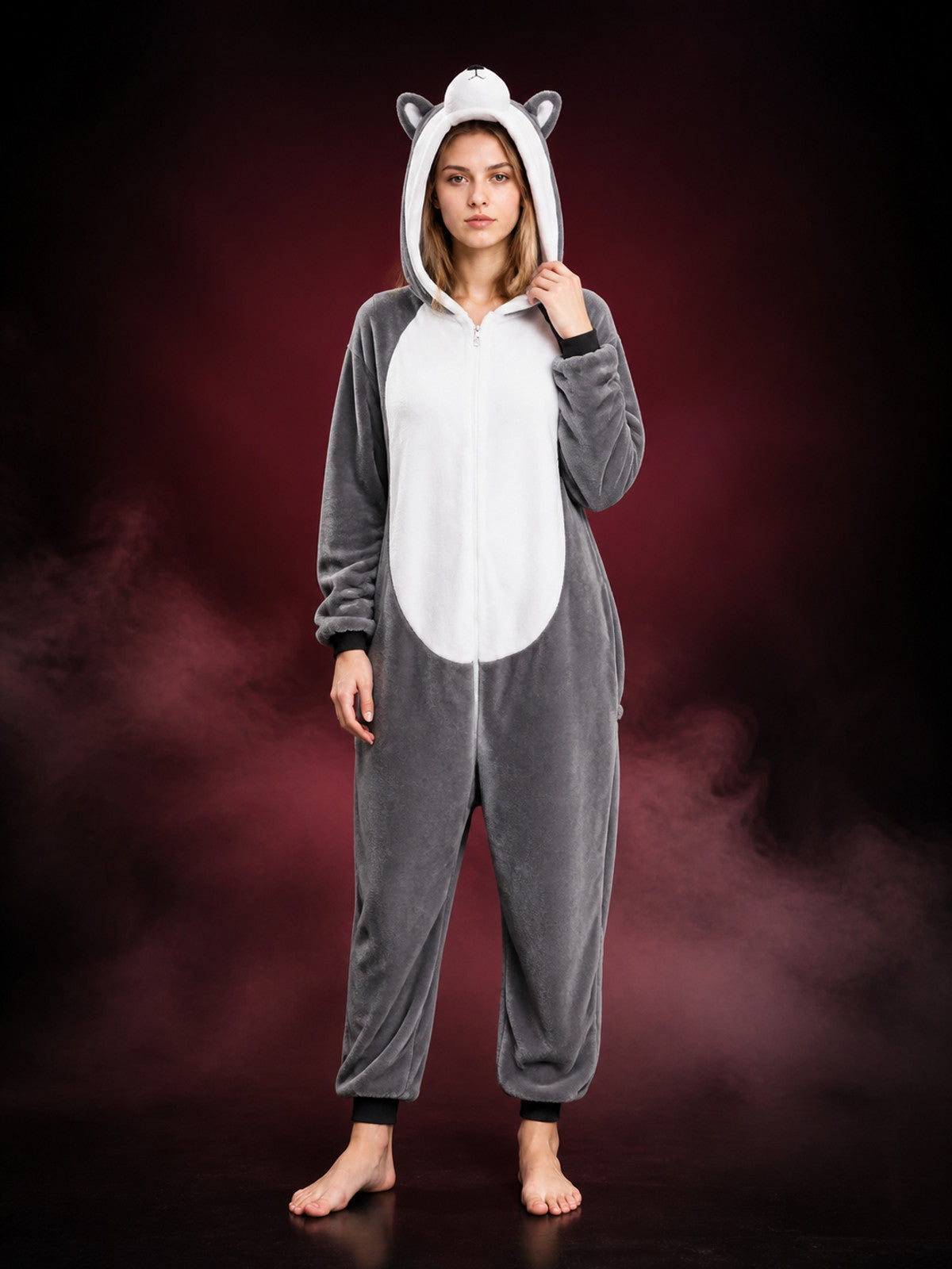Gray Husky Animal Onesie Costume, Hooded Zippered Cartoon Jumpsuit main product view