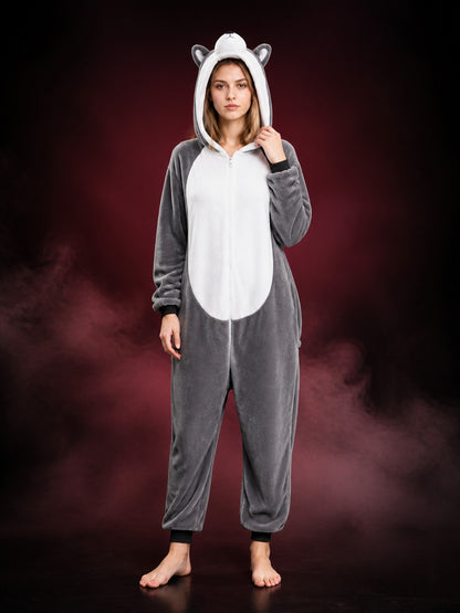 Gray Husky Animal Onesie Costume, Hooded Zippered Cartoon Jumpsuit main product view