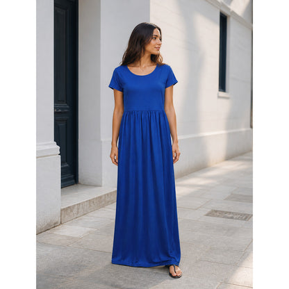 Women's Long Dress with Short Sleeves and Shirring