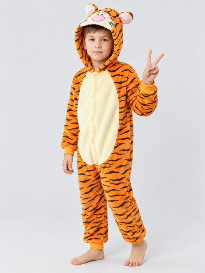 Flannel Hooded Pajama Jumpsuit with Animal Face
