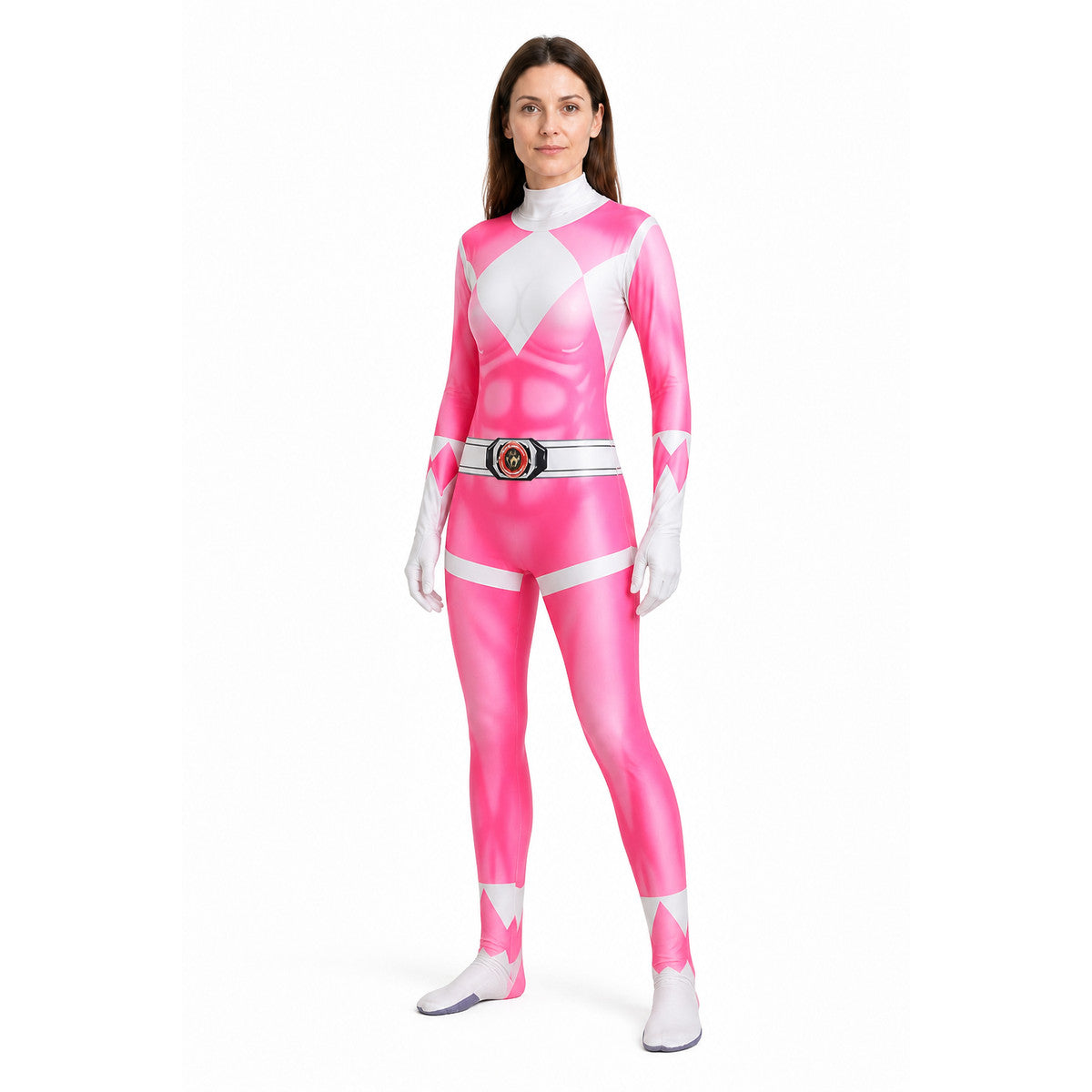 Superhero bodysuit with mask and white-and-pink diamond Costume Masks detail