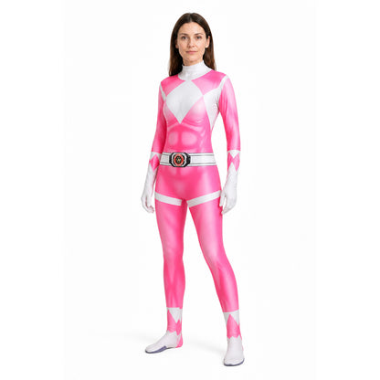 Superhero bodysuit with mask and white-and-pink diamond Costume Masks detail
