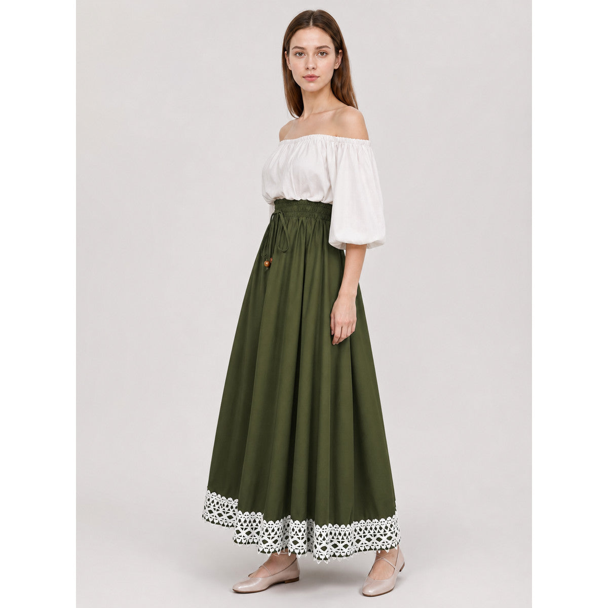 Long olive A-line skirt with lace lifestyle