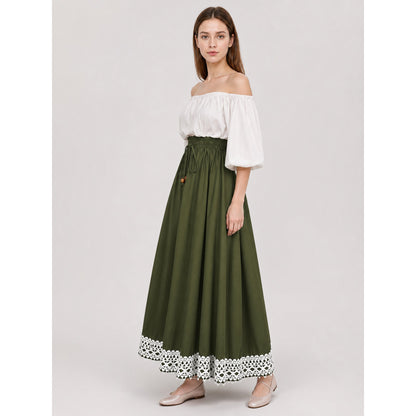 Long olive A-line skirt with lace lifestyle