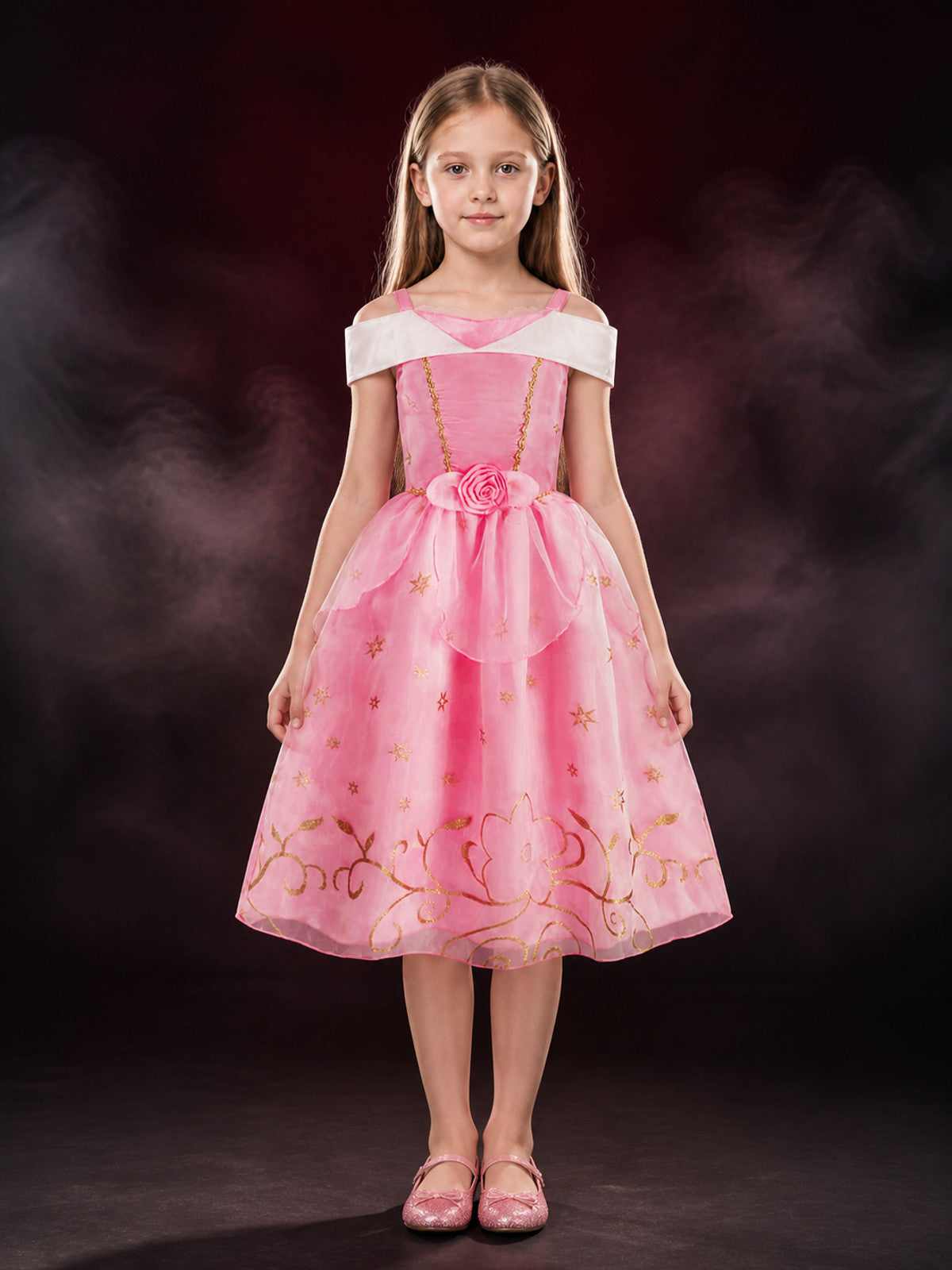 Girls Pink Princess Halloween Costume Dress With Gold Star And Floral Details main product view