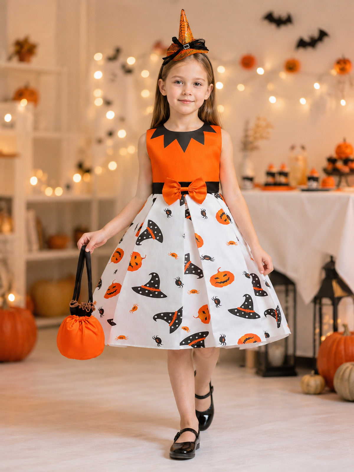 Children's Halloween Costume Dress with Pumpkin Print lifestyle view