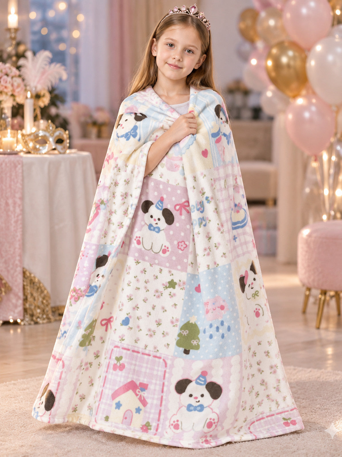 Double-Sided Blanket with Dog, Heart, and Bow Print