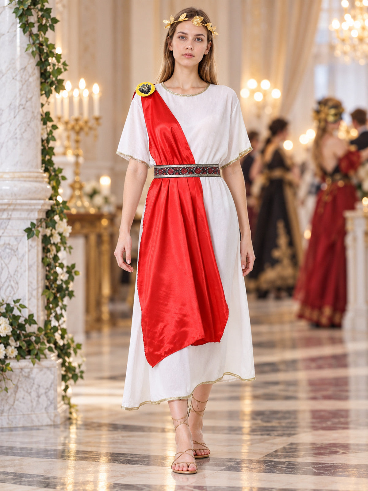 Greek-Style Tunic Dress with Red Draping lifestyle view
